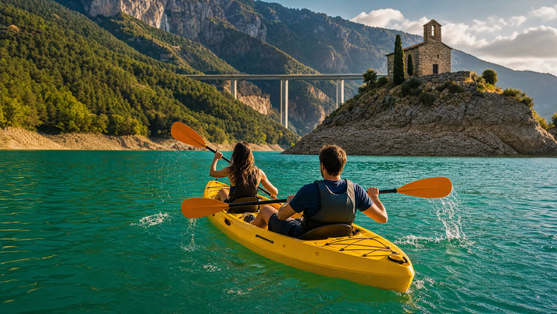 Kayak doble navegando por el pantano de la Baells con el viaducto al fondo