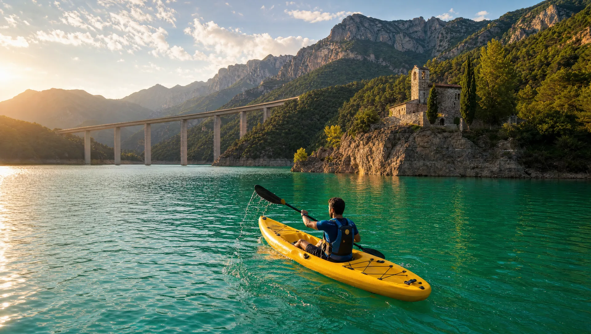 Kayak individual sobre las aguas turquesa del pantano de la Baells al atardecer