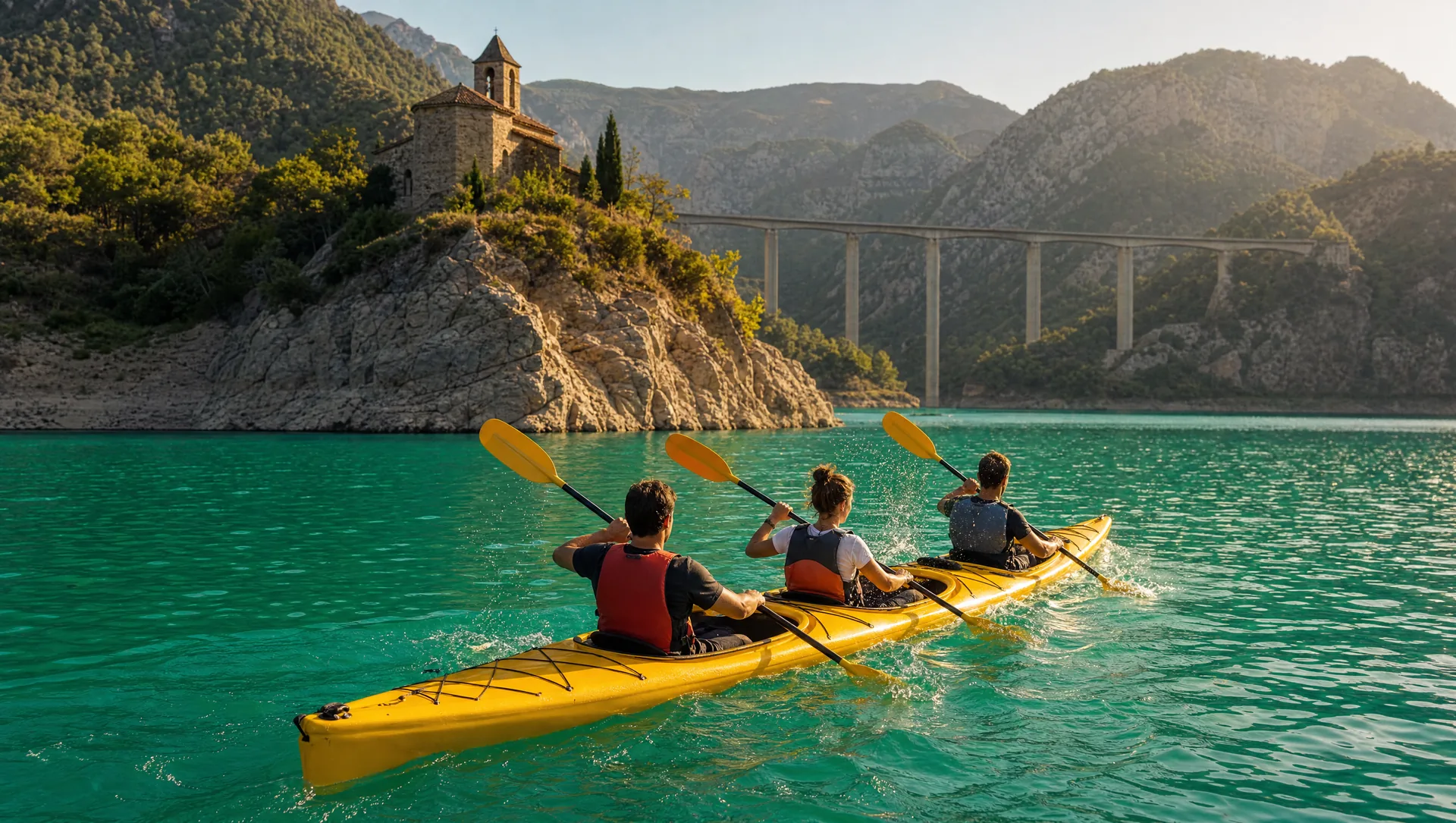 Kayak triple familiar en las aguas del pantano de la Baells