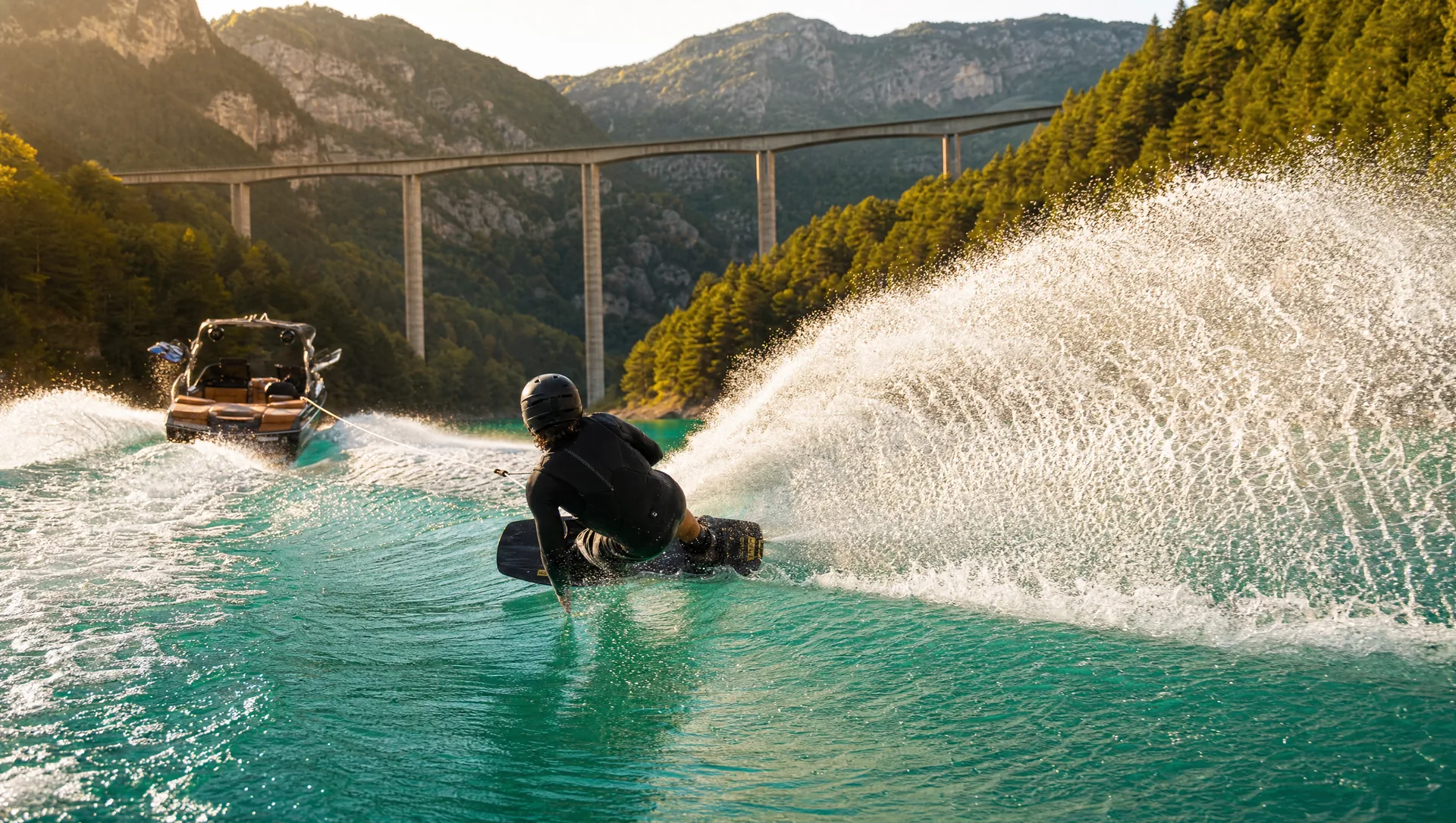 Rider de wakeboard saltando la estela de la lancha con spray de agua a contraluz