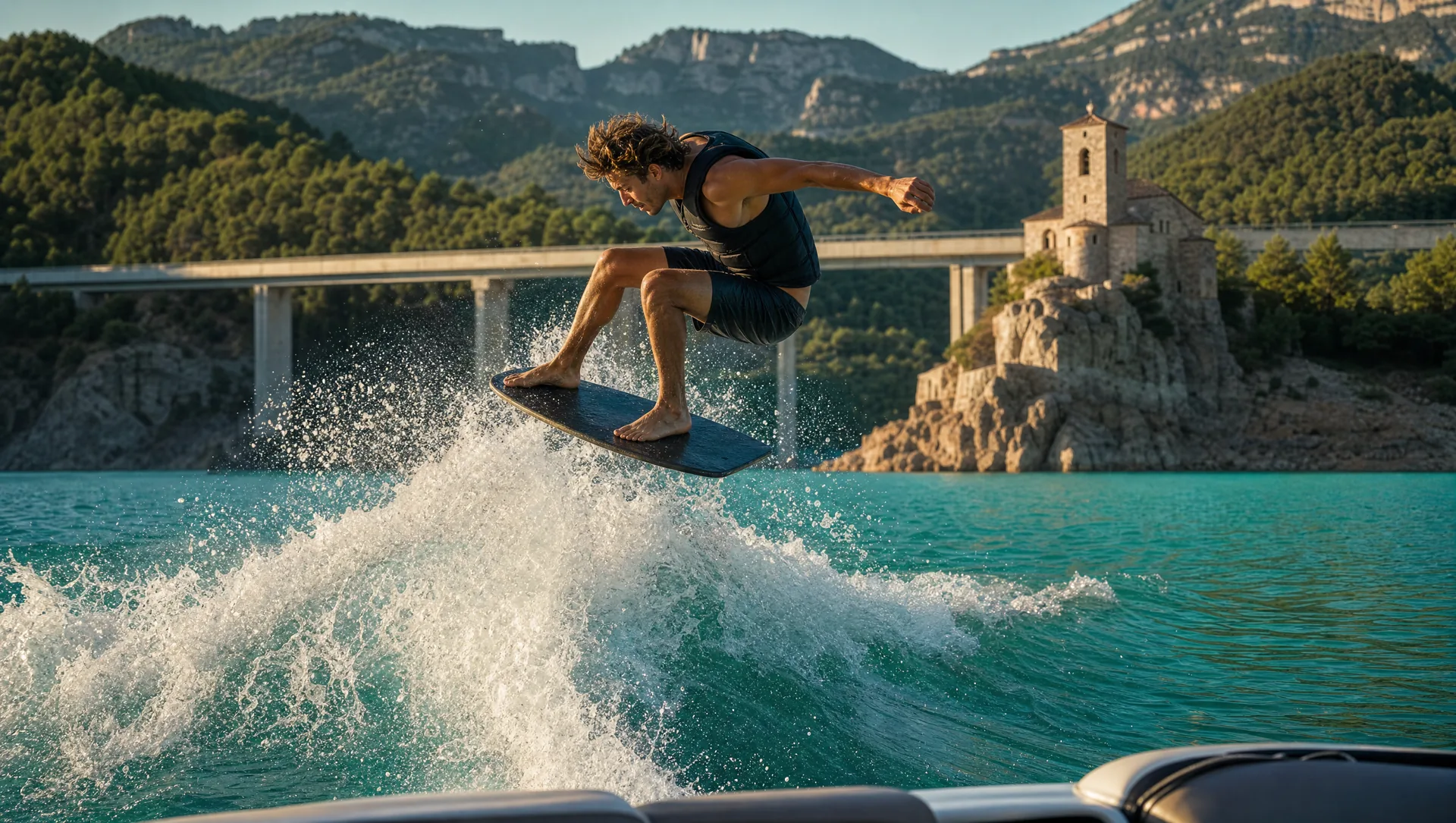 Rider de wakeskate maniobrando sobre el agua tras la lancha