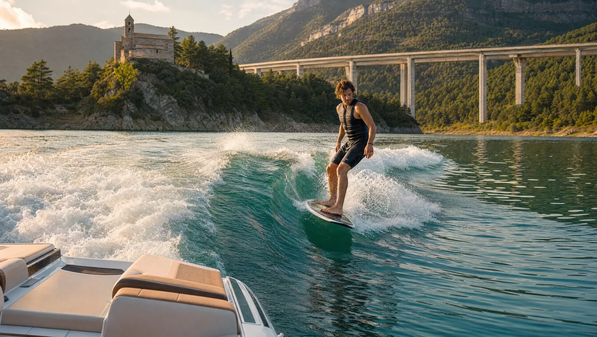 Wakesurfista deslizándose sobre la ola de la lancha en el pantano de la Baells
